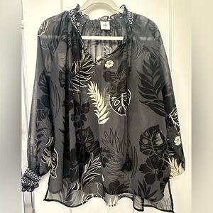 CAbi Black and Cream Floral Sheer Blouse